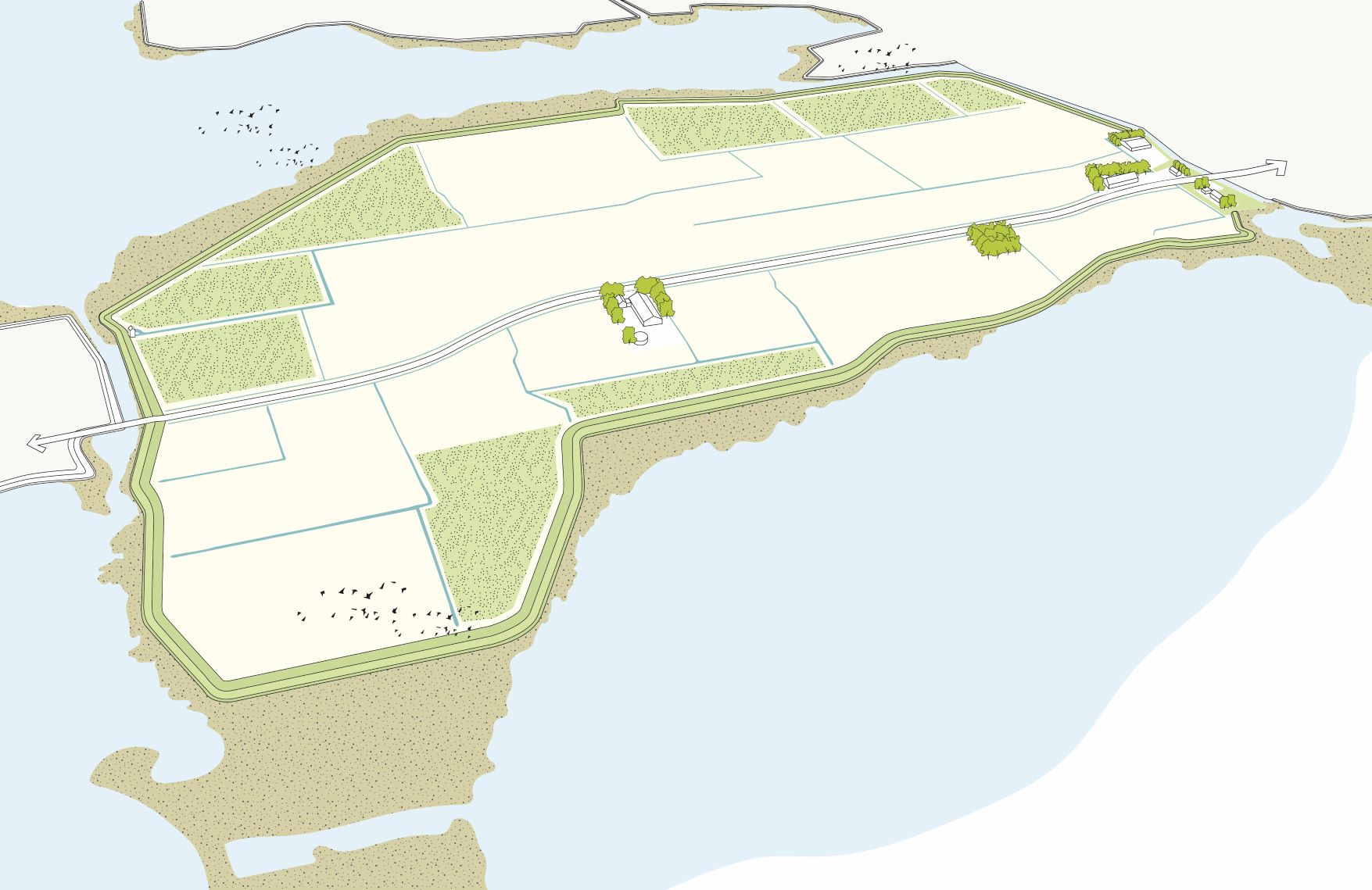 Illustratie van landschap met natuurontwikkeling langs het boezemwater